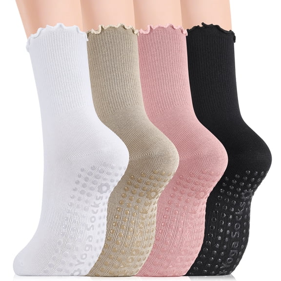Bocaoying 4 Pairs Pilates Socks with Grips for Women, Non Slip Cotton Yoga Socks Grippy, Cute Ruffle Grip Socks for Yoga Pilates Barre Hospital (Size 6-9)