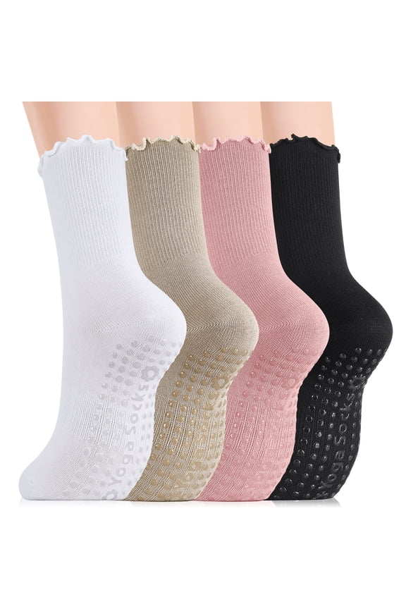 4 Pairs Pilates Socks with Grips for Women, Non Slip Cotton Yoga Socks Grippy, Cute Ruffle Grip Socks for Yoga Pilates Barre Hospital (Size 6-9)