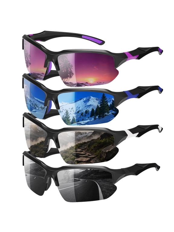 4 Pairs Polarized Sports Sunglasses for Men, UV400 Protection Mens Sunglasses with 4 Colors, Lightweight Sun Glasses for Cycling Running Driving Fishing Golf