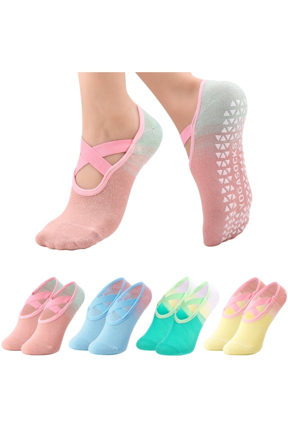 4 Pairs Straps Pilates Socks,Gradient Colors Cotton Yoga Socks with Grips for Women Non Slip, Workout, Barre, Ballet, Dance, Hospital Socks