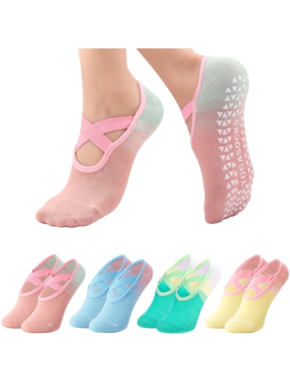 4 Pairs Straps Pilates Socks,Gradient Colors Cotton Yoga Socks with Grips for Women Non Slip, Workout, Barre, Ballet, Dance, Hospital Socks