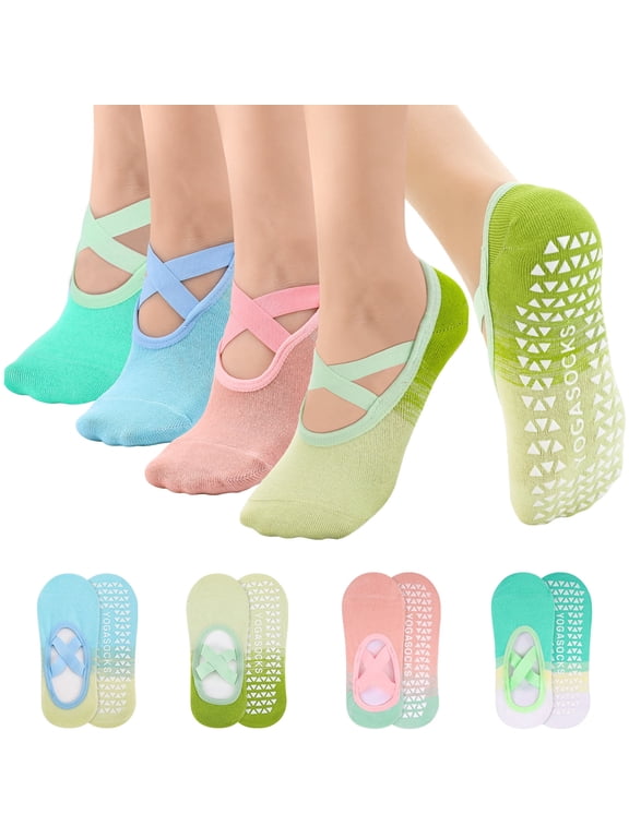 4 Pairs Straps Pilates Socks,Gradient Colors Cotton Yoga Socks with Grips for Women Non Slip, Workout, Barre, Ballet, Dance, Hospital Socks