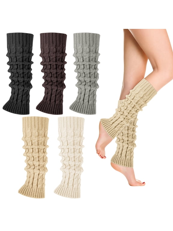 5 Pairs Leg Warmer for Women, Soft Knit Long Boot Socks - Black/Brown/Gray/Khaki/Beige, Skating Gift for Wife Daughter