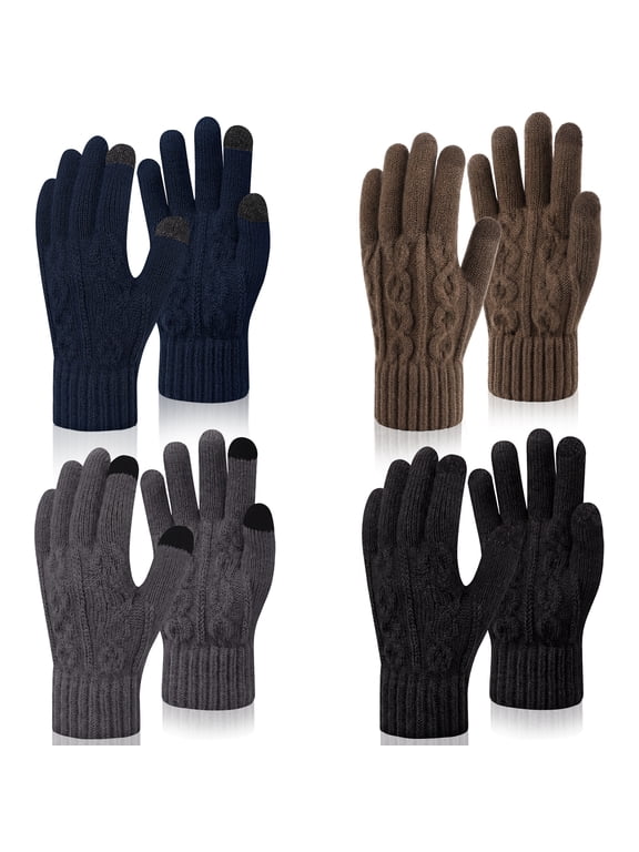 4 Pairs Winter Touch Screen Warm Gloves for Men Women, Thick Soft Knit Lining Gloves for Cold Weather, Thermal Fleece Elastic Gloves for Driving Cycling Skiing