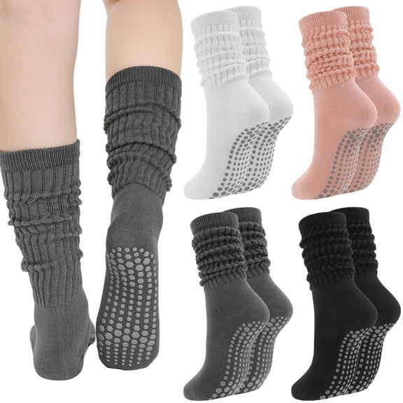 Bocaoying 4 Pairs Women's Scrunch Slouch Socks with Grips, Breathable & Stretchy Long Casual Socks Non-Slip for Pilate, Barre, Yoga, Gym, US Size 5-10