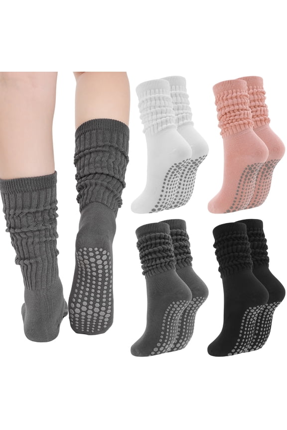 4 Pairs Women's Scrunch Slouch Socks with Grips, Breathable & Stretchy Long Casual Socks Non-Slip for Pilate, Barre, Yoga, Gym, US Size 5-10