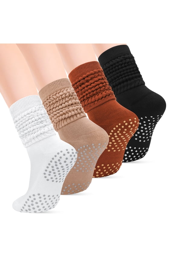 4 Pairs Women's Scrunch Slouch Socks with Grips, Breathable & Stretchy Long Casual Socks Non-Slip for Pilate, Barre, Yoga, Gym, US Size 5-10