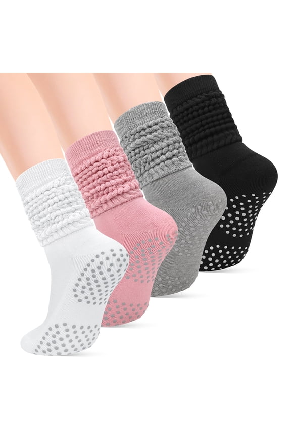 4 Pairs Women's Scrunch Slouch Socks with Grips, Breathable & Stretchy Long Casual Socks Non-Slip for Pilate, Barre, Yoga, Gym, US Size 5-10