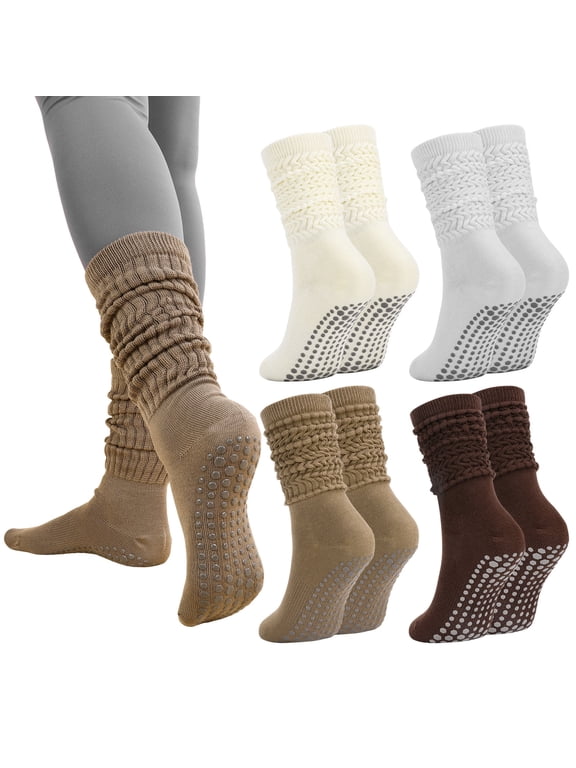 4 Pairs Women's Scrunch Socks with Grips, Breathable Slouch Socks, Long Socks Non-Slip for Pilate, Barre, Yoga, Gym, US Size 5-10