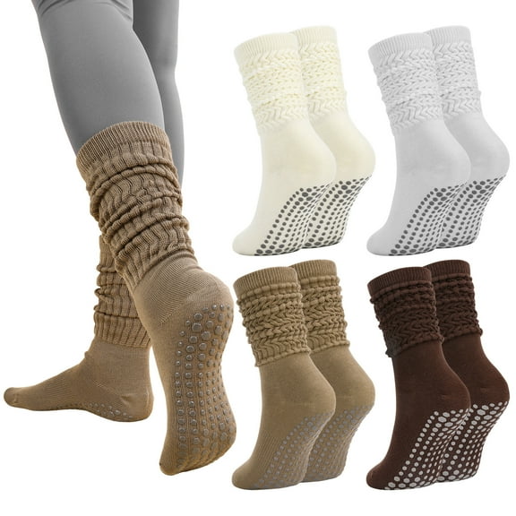 Bocaoying 4 Pairs Women's Scrunch Slouch Socks with Grips, Breathable & Stretchy Long Casual Socks Non-Slip for Pilate, Barre, Yoga, Gym, US Size 5-10