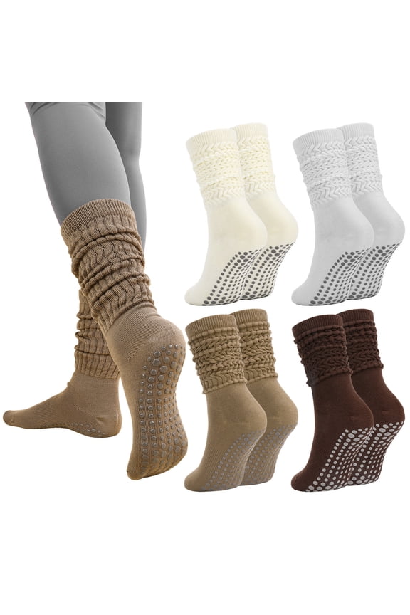 4 Pairs Women's Scrunch Slouch Socks with Grips, Breathable & Stretchy Long Casual Socks Non-Slip for Pilate, Barre, Yoga, Gym, US Size 5-10
