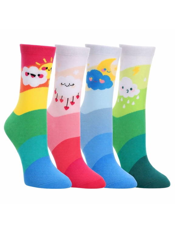 4 Pack Women's Novelty Crew Socks, Funny Weather-Themed, Rainbow Ombre, US 5-9