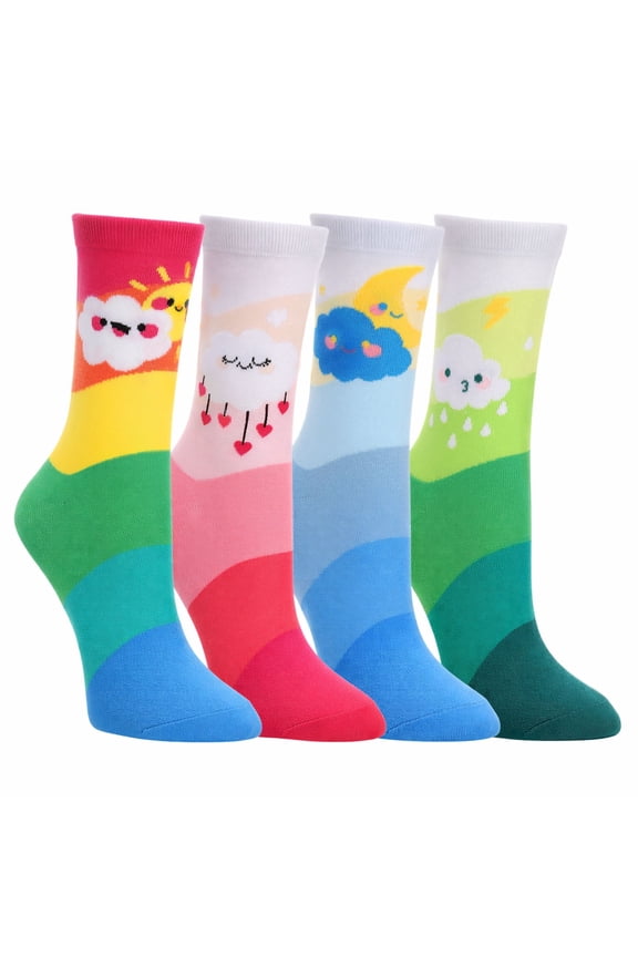 4 Pack Women's Novelty Crew Socks, Funny Weather-Themed, Rainbow Ombre, US 5-9