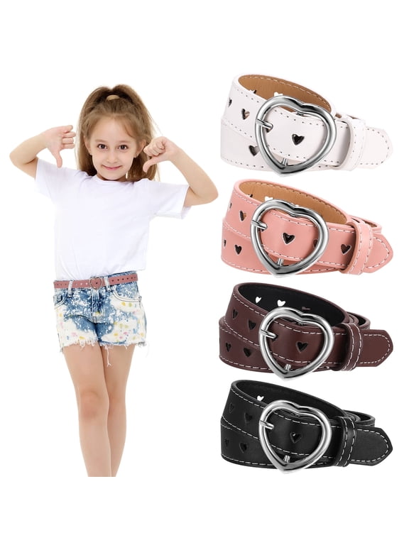 4 Pcs Cute Heart Shape Girls Belt, PU Leather Belt, Adjustable Belt with Heart Buckle Skinny Belt for Boys Girls Ladies Belts for Jeans Dresses Jumpsuit Trousers