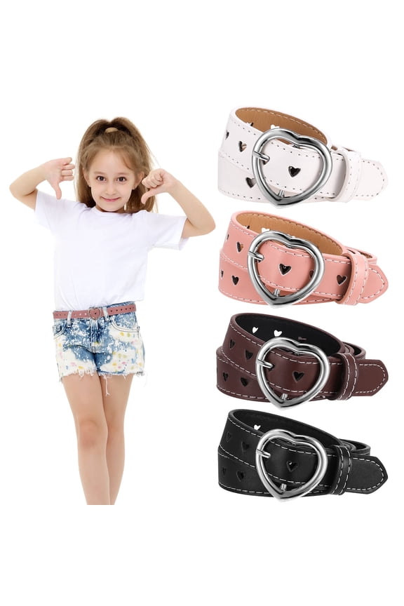4 Pcs Cute Heart Shape Girls Belt, PU Leather Belt, Adjustable Belt with Heart Buckle Skinny Belt for Boys Girls Ladies Belts for Jeans Dresses Jumpsuit Trousers