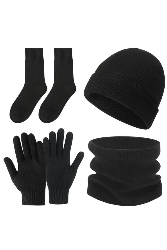 4 Pcs Winter Hat Scarf Gloves Socks Set, Unisex Thermal Knitted Beanie Cap and Neck Warmer Scarf, Soft Touchscreen Gloves and Thicken Warm Socks for Skiing Outdoor Sports