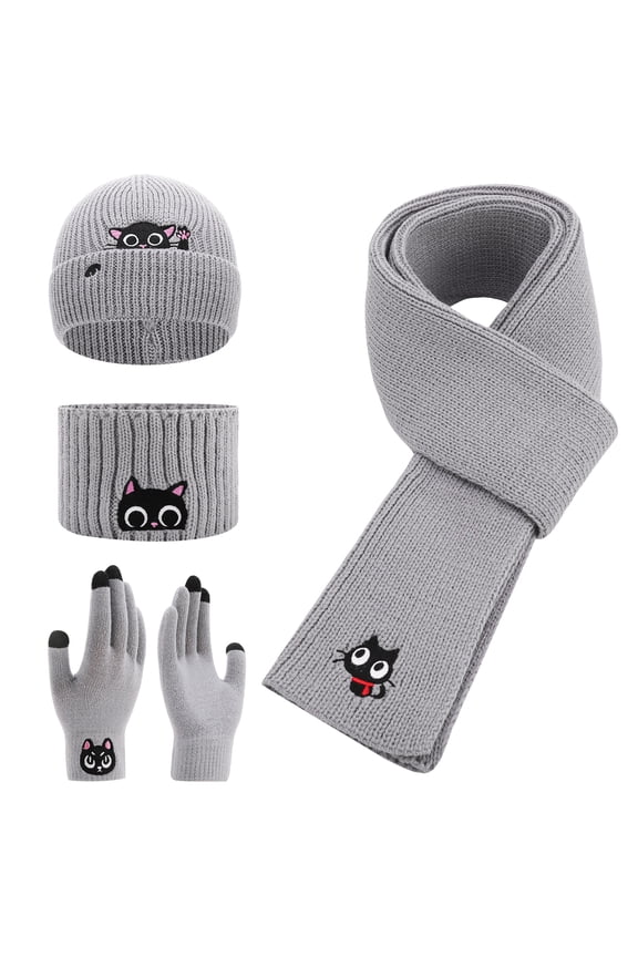 4 in 1 Knit Beanie Gloves Scarf Set for Women, 4-Piece Cat Ear Winter Knit Headband, Beanie, Scarf Combo with Winter Gloves Gift-Ready for Cat Lovers