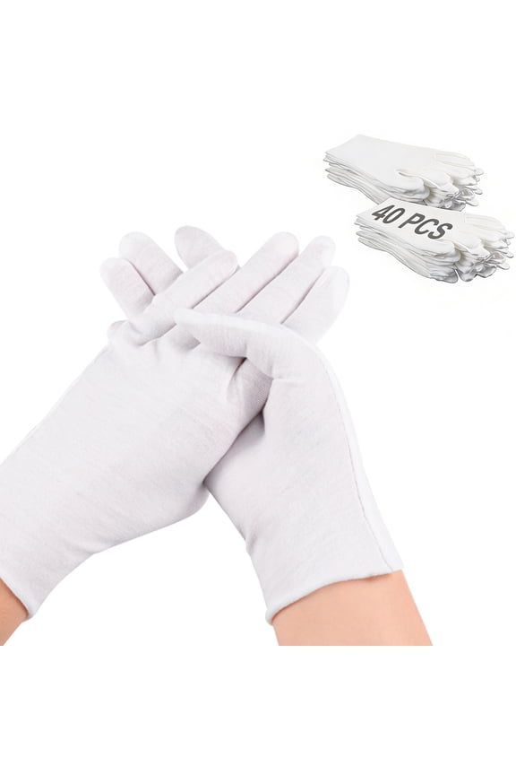 40 Pcs White Cotton Gloves for Dry Hands Sleeping, Eczema Moisturizing Gloves for Men and Women, Washable Premium Cotton Gloves for Coin Jewelry Silver Inspection (L Size)