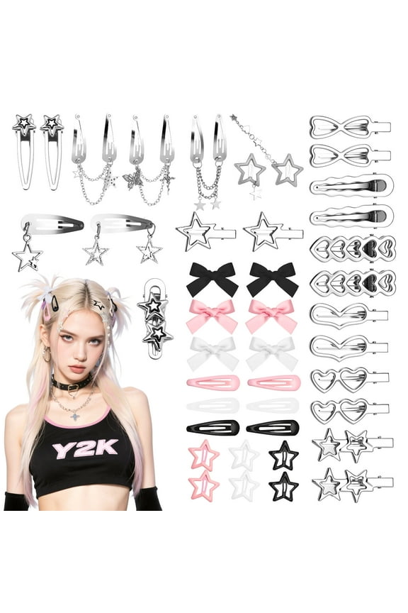 42 Pcs Y2K Hair Clips Set, Y2K Silver Metal Barrettes for Women, 3 Colors Satin Hair Bows Cute Snap Clips, 2000s Punk Kawaii Hair Pins Accessories for Women Party Wear