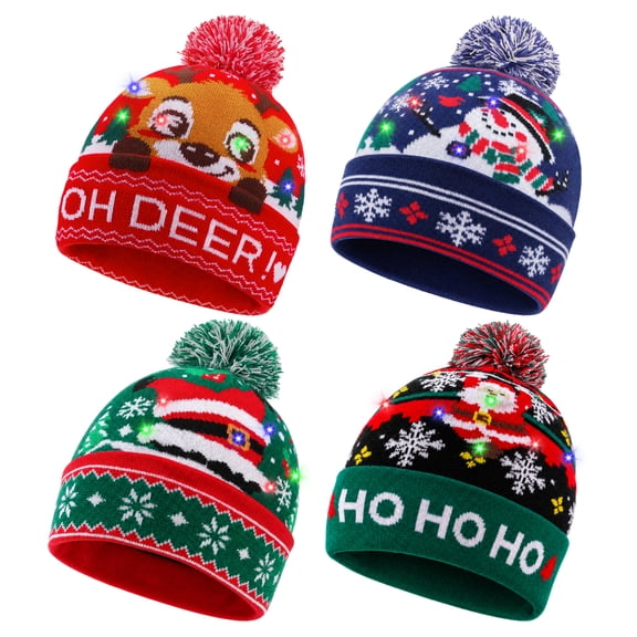 Bocaoying 4Pack Christmas LED Light Up Knitted Beanie Hat, Flashing Knitted Cap for Holiday Party