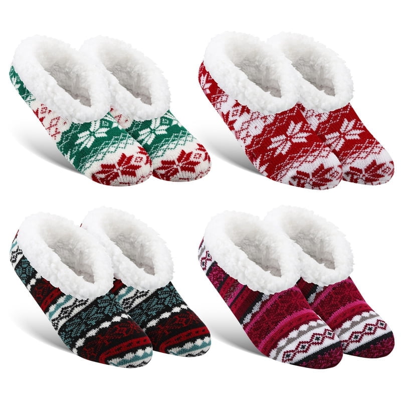 BOCAOYING 4Pairs Winter Short Slipper Socks for Women, Cute Fleece-Lined House Slippers, Christmas Gift Warm Home Soft Cotton Sleeping Socks