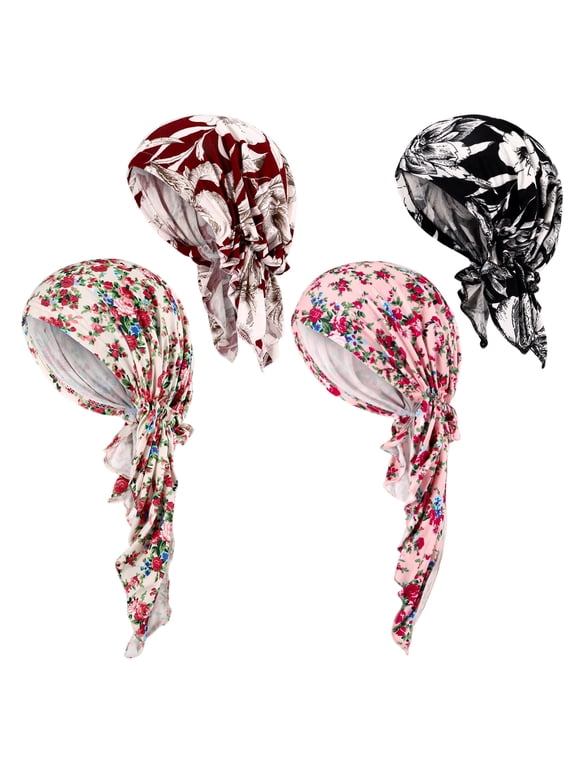 4Pcs Chemo Headwear for Women Pre-Tied Head Scarves Turban Beanie Caps Cancer Head Wrap Headscarf for Yoga Running