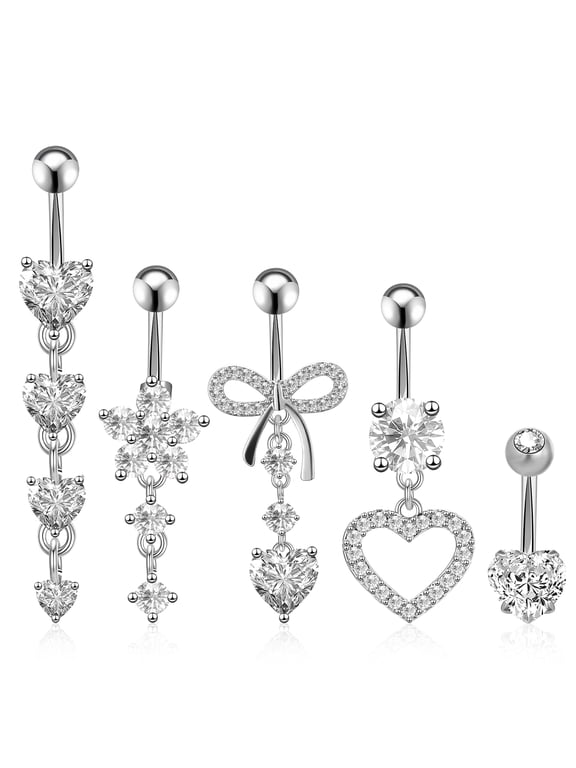 5 Pcs Belly Button Ring Pendants, Belly Button Piercing Jewelry, Dangle Belly Button Rings, Stainless Steel Belly Rings for Women, Cute Heart-Shaped Bow Flower Pregnancy Belly Rings