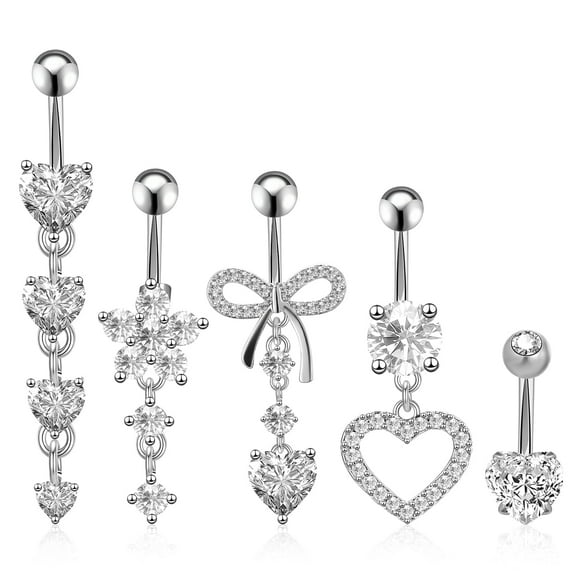 Bocaoying 5 Pcs Belly Button Ring Pendants, Belly Button Piercing Jewelry, Dangle Belly Button Rings, Stainless Steel Belly Rings for Women, Cute Heart-Shaped Bow Flower Pregnancy Belly Rings