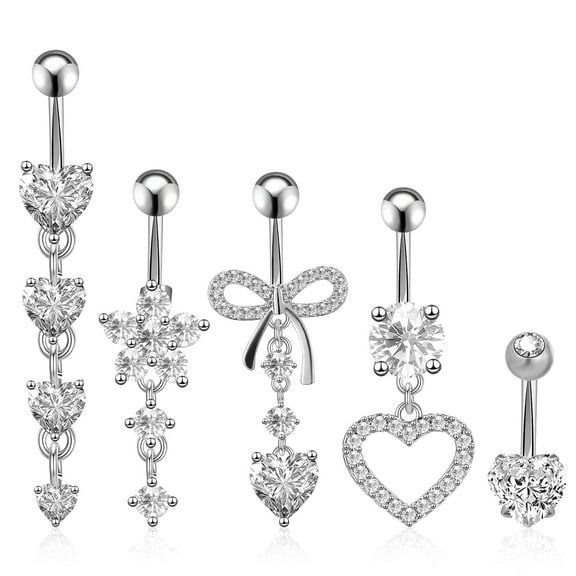 Bocaoying 5 Pcs Belly Button Ring Pendants, Belly Button Piercing Jewelry, Dangle Belly Button Rings, Stainless Steel Belly Rings for Women, Cute Heart-Shaped Bow Flower Pregnancy Belly Rings