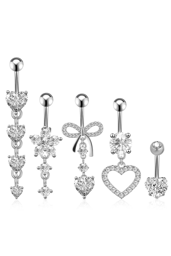 5 Pcs Belly Button Ring Pendants, Belly Button Piercing Jewelry, Dangle Belly Button Rings, Stainless Steel Belly Rings for Women, Cute Heart-Shaped Bow Flower Pregnancy Belly Rings