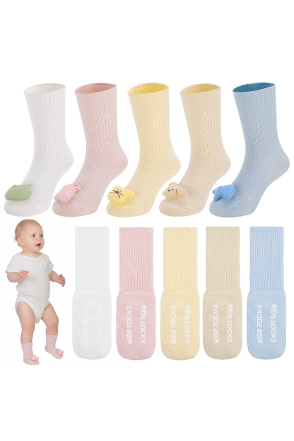 5 Pairs Toddler Cotton Crew Socks, Non-Slip 3D Cartoon Animal Grippers, Age 1-3, M