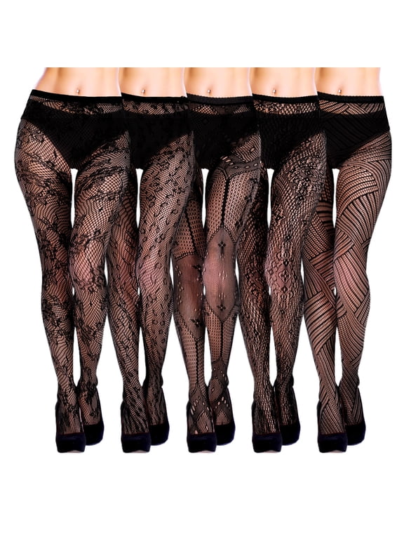 5 Pack Fishnet Tights for Women, Assorted Pattern Fishnet Stockings, Stretchy Allover Fishnet Pantyhose for Girlfriend, Date Night, Plus Size (Up to 165lbs)