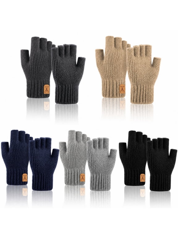 5 Pack Winter Mittens for Men and Women, Thick Knitted Thermal Half Finger Gloves with Fleece Lining, Winter Gloves for Driving Cycling Running, Black/Light Grey/Coffee/Dark Grey/Blue