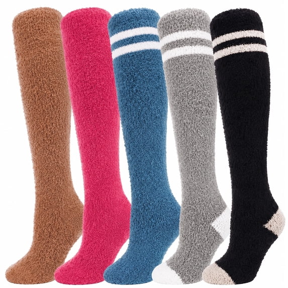 Bocaoying 5 Pack Women’s Knee High Fuzzy Socks, Coral Fleece Winter Warm Socks, Striped & Solid Mixed, Lounge Sleep Gift for Women