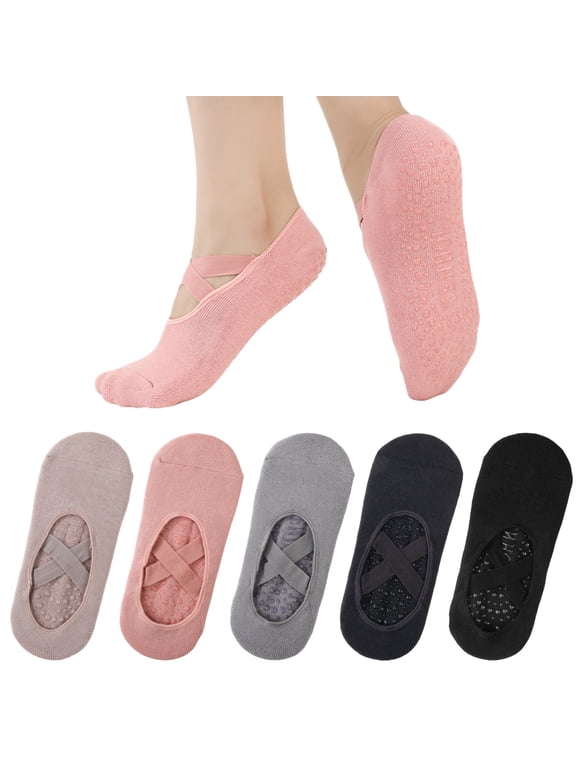 5-Pair Women's Non-Slip Pilates Socks, Moisture-wicking Grip Socks with Cross Band, Yoga Socks with Silicone Dots for Workout, Ballet, Gym, Hospital, Home Use