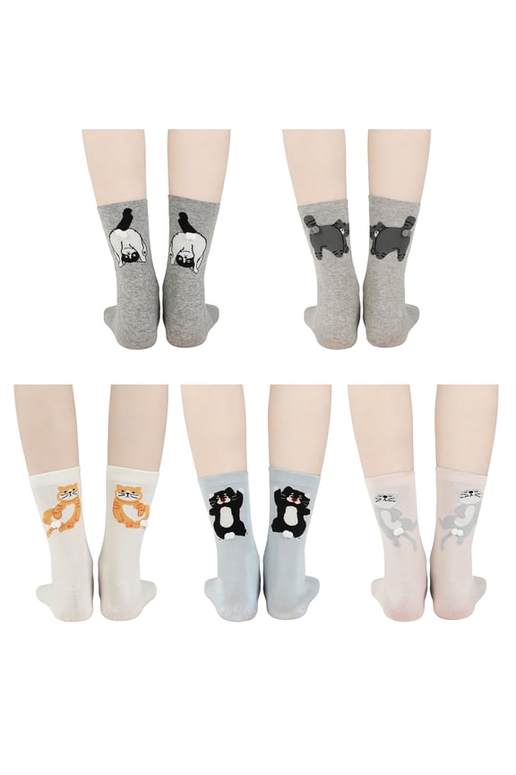 5 Pairs Funny Cat Socks with Balls, 3D Novelty Animal Socks, Cute Cotton Crew Socks for Women, Crazy Sock Silly Socks, Cat Lover Gifts for Friend Sister Family