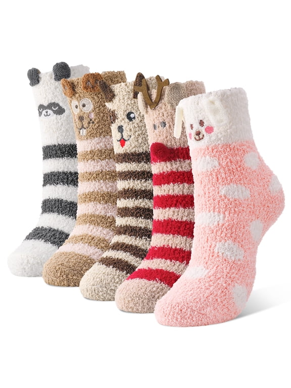 5 Pairs Fuzzy Socks for Women, Funny Winter Warm Cute Fuzzy Socks, Soft Cozy Animal Fluffy Slipper Socks Casual for Women Home Sleeping Birthday Christmas