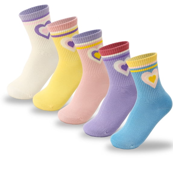 Bocaoying 5 Pairs Girls Crew Athletic Socks, Funny Kids Cotton Socks, Retro Stripes Hearts Mid-Calf Socks, Breathable Soft Socks for Outdoor Sports (Suitable for Girls Aged 9-12)