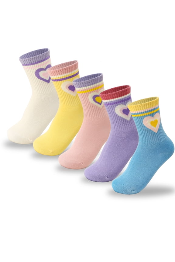 5 Pairs Girls Crew Athletic Socks, Funny Kids Cotton Socks, Retro Stripes Hearts Mid-Calf Socks, Breathable Soft Socks for Outdoor Sports (Suitable for Girls Aged 9-12)