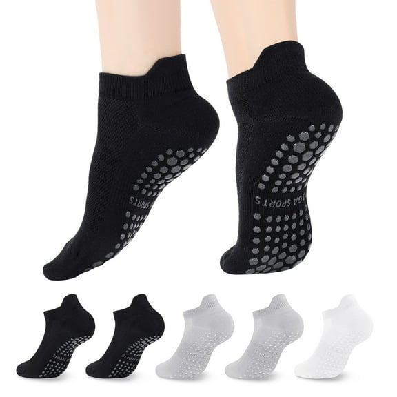 Bocaoying 5-Pairs Grippy Socks for Women, Non-Slip Pilates & Yoga Socks with Sticky Grip Bottoms, Cotton Blend Slip-Free Socks for Barre, Workout, Hospital