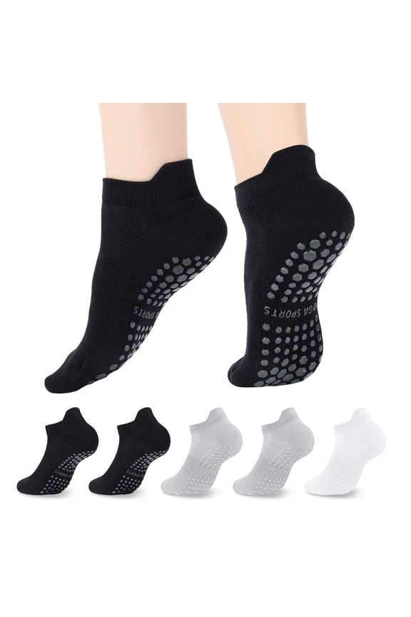 5-Pairs Grippy Socks for Women, Non-Slip Pilates & Yoga Socks with Sticky Grip Bottoms, Cotton Blend Slip-Free Socks for Barre, Workout, Hospital