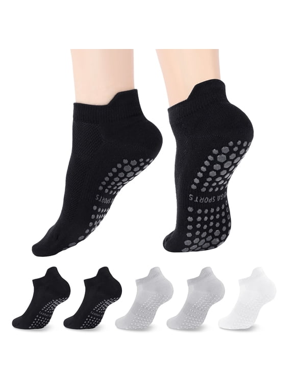 5-Pairs Grippy Socks for Women, Non-Slip Pilates & Yoga Socks with Sticky Grip Bottoms, Cotton Blend Slip-Free Socks for Barre, Workout, Hospital