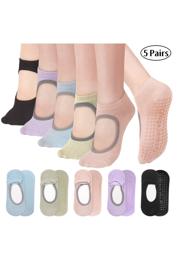 Women's Non-Slip Grip Pilates Yoga Socks, Open Top, 5 Pairs for Barre, Ballet, Barefoot Workout