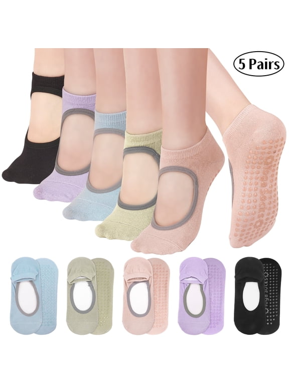 Women's Non-Slip Grip Pilates Yoga Socks, Open Top, 5 Pairs for Barre, Ballet, Barefoot Workout