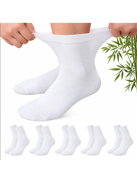 5 Pairs Bamboo Fiber Socks for Men Women, Solid White Breathable Moisture Wicking Athletic Socks, Casual Business Crew Socks, Mesh Ventilation Comfort Fit, 7-10
