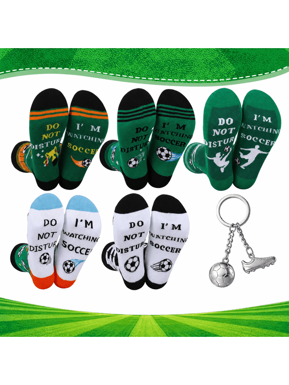 5 Pairs Men's Cotton Soccer Crew Socks, Silly Socks Crazy Socks for Men, Novelty Athletic Socks with Soccer Fan Gift for Match Day, Training & Casual Wear, 7-10