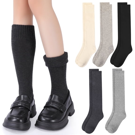 Bocaoying 5 Pairs Long Boot Socks for Women, Lined Slouch Knee High Socks, Winter Calf Socks for Outside and Home, One Size 6.5-10, Dark Grey/Black/Khaki/Light Grey/Beige