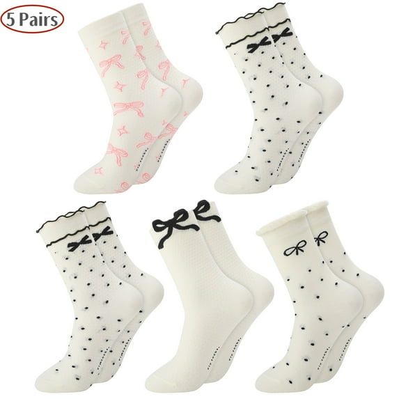 Bocaoying 5 Pairs Women Casual Ruffle Socks, Assorted Black White Ruffle Socks Girls, Breathable and Comfortable Cotton Knit Crew Sock Heart Design