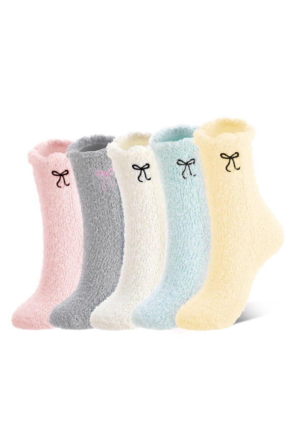 5 Pairs Women's Bow Fuzzy Socks, Winter Soft Warm Slipper Fluffy Crew Socks, Cute Bow Print Socks Thick, Coquette Cozy Socks for Women Home Sleeping Yoga