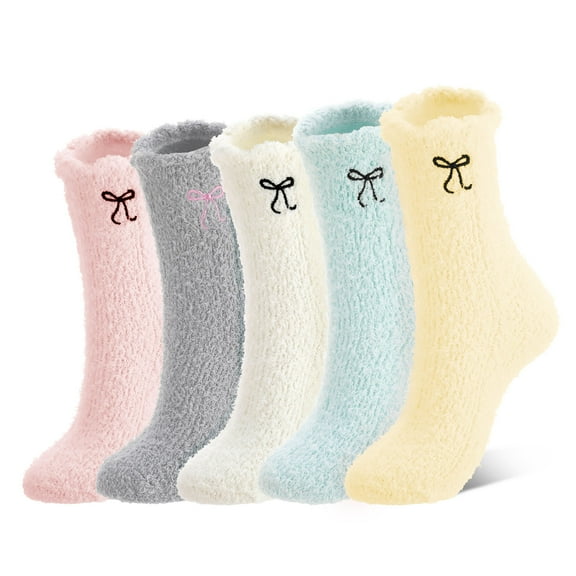 Bocaoying 5 Pairs Women's Bow Fuzzy Socks, Winter Soft Warm Slipper Fluffy Crew Socks, Cute Bow Print Socks Thick, Coquette Cozy Socks for Women Home Sleeping Yoga